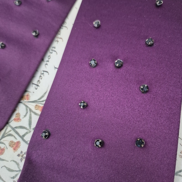 Elegant Purple Satin Look Stretchy Gloves with Glued Black Rhinestones - Picture 3 of 7